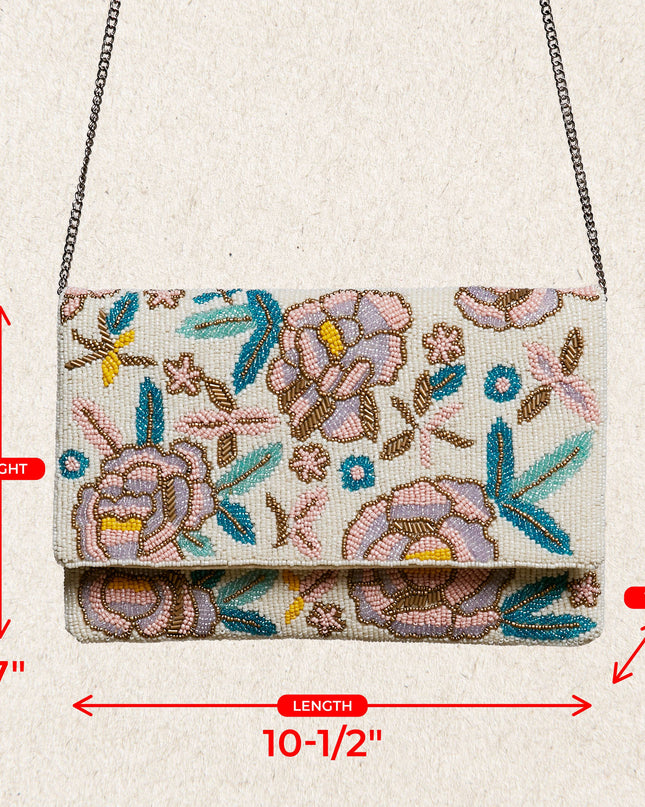 PRE-ORDER Floral Beaded Chain Strap Ivory Bag