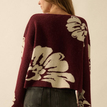 Burgundy Contrast Floral Sweater - Shop Simply Apparel