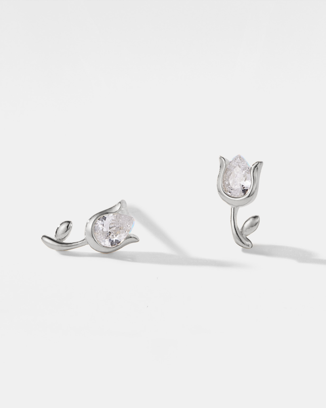 Silver Dainty Tulip Flower Stud Earrings