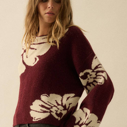 Burgundy Contrast Floral Sweater - Shop Simply Apparel