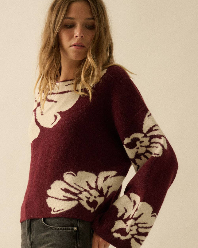 Burgundy Contrast Floral Sweater - Shop Simply Apparel
