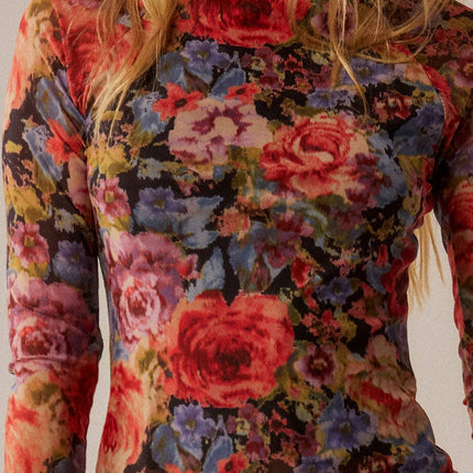Black Floral-Print Mesh Top