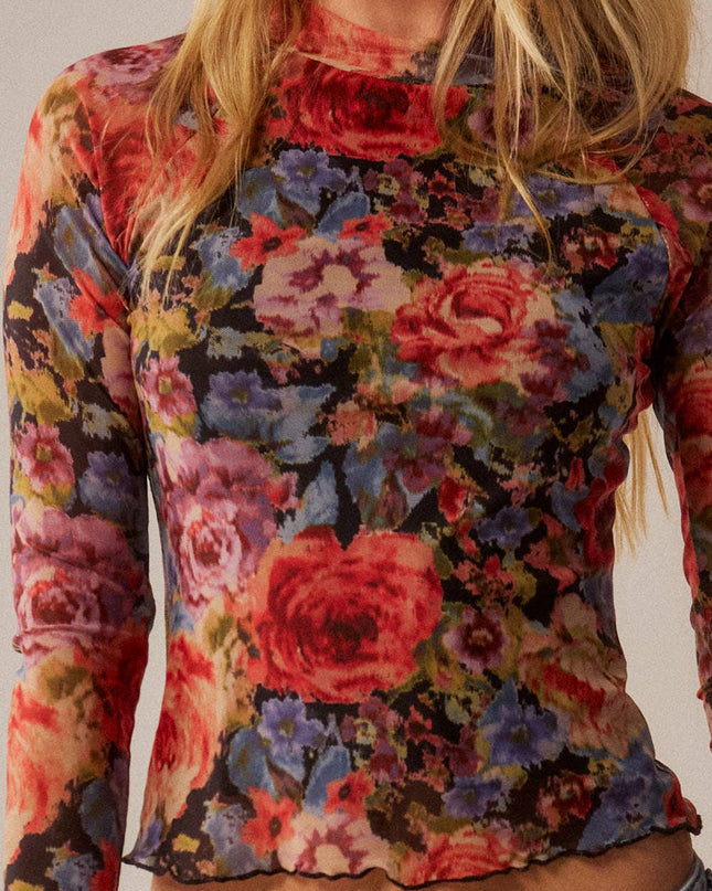 Black Floral-Print Mesh Top