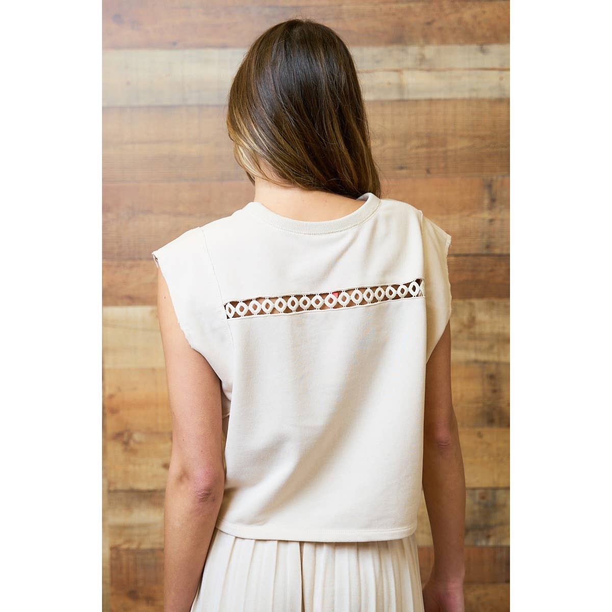 Beige Eyelet Knit Sleeveless Top