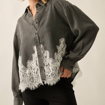 Black Chambray Lace Appliqué Shirt