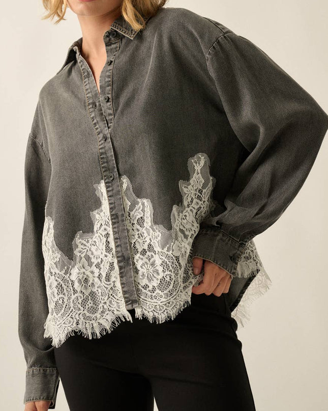 Black Chambray Lace Appliqué Shirt