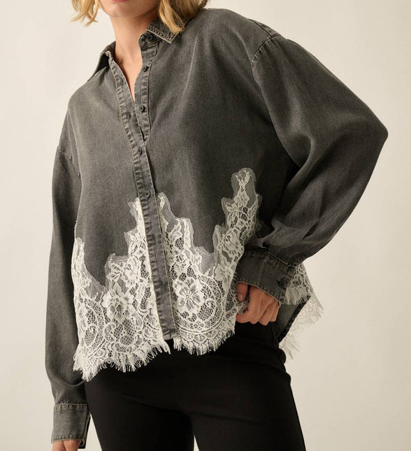Black Chambray Lace Appliqué Shirt
