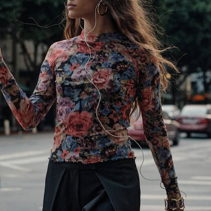 Black Floral-Print Mesh Top