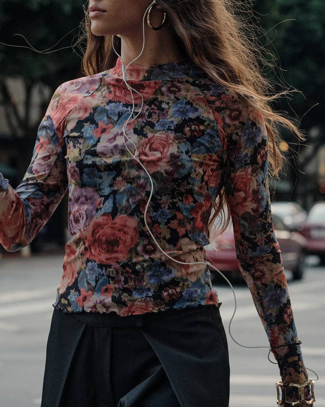 Black Floral-Print Mesh Top