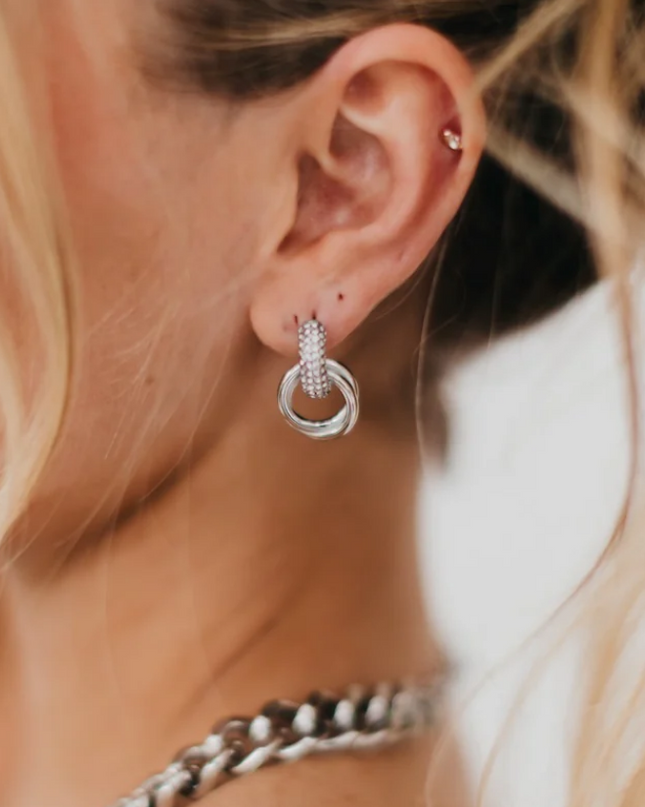 Silver Double Hoop Diamond Earrings- Waterproof