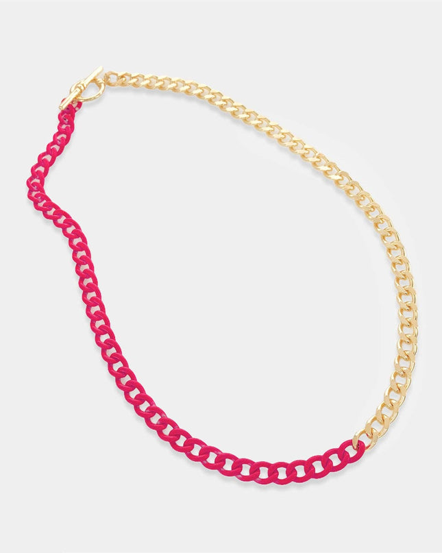 Hot Pink Half Enamel Chain Necklace