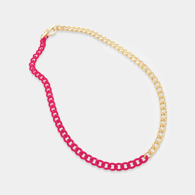 Hot Pink Half Enamel Chain Necklace