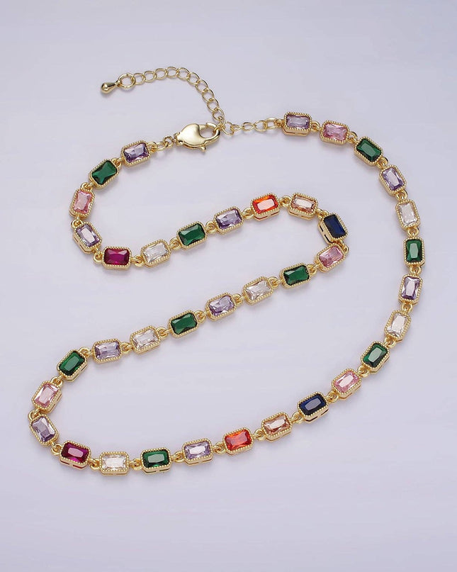 Gold CZ Multicolor Baguette Bezel Necklace - Shop Simply Apparel