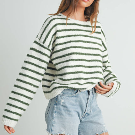 Ivory/Olive Striped Soft Knit Sweater - Shop Simply Apparel