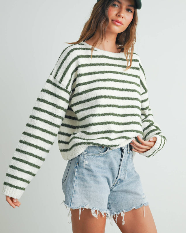 Ivory/Olive Striped Soft Knit Sweater - Shop Simply Apparel