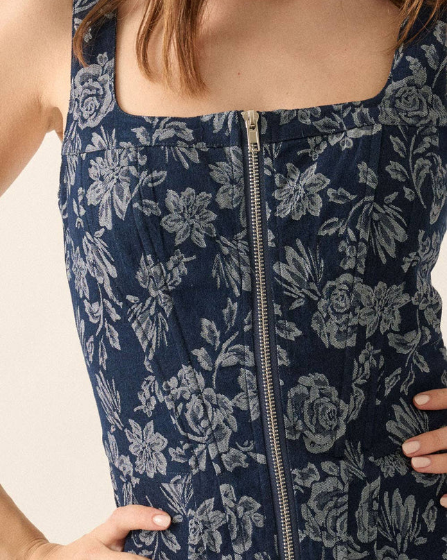 Floral Jacquard Denim Zip-Up Dress - Shop Simply Apparel