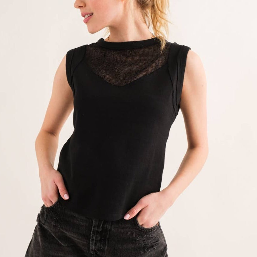 Black Summer Mesh Inset Knit Top