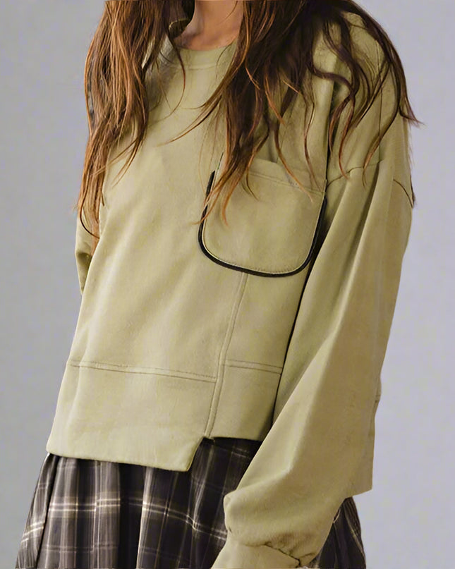 Olive Chest Pocket Semi Crop Sweatshirt - Shop Simply Apparel