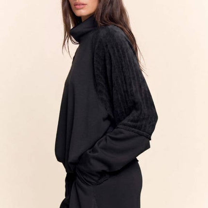 Black Mixed Media Mock Neck Top