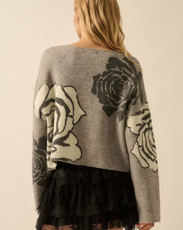 Grey/Black Rose Floral Jacquard Sweater - Shop Simply Apparel