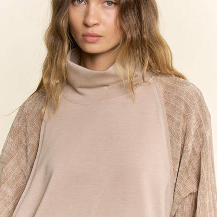 Beige Mixed Media Mock Neck Top