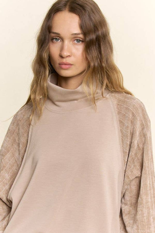 Beige Mixed Media Mock Neck Top