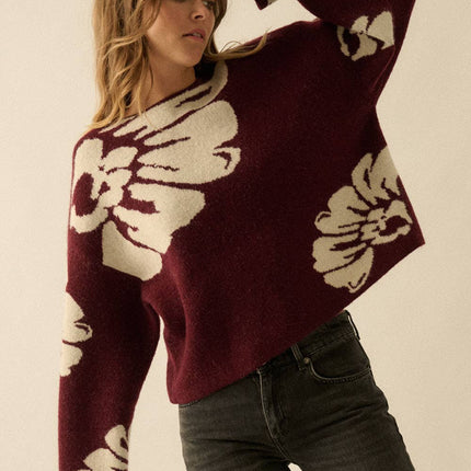 Burgundy Contrast Floral Sweater - Shop Simply Apparel