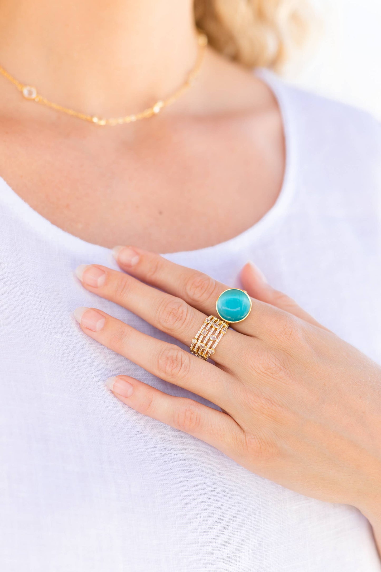 Aqua Round Stone Adjustable Ring