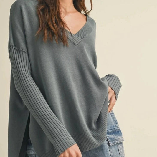 Oversized V-Neck Sweater with Ribbed Sleeve