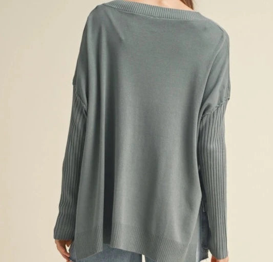 Oversized V-Neck Sweater with Ribbed Sleeve