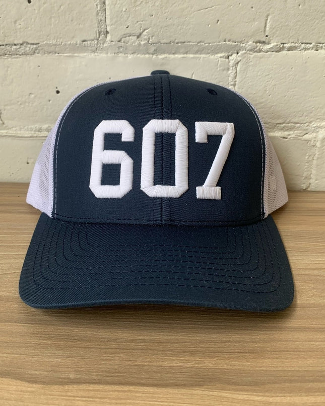 607 Navy Trucker Hat with White Embroidery - Shop Simply Apparel