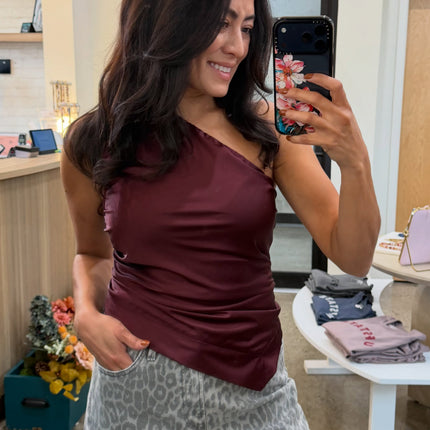 Wine Satin One Shoulder Asymmetrical Top