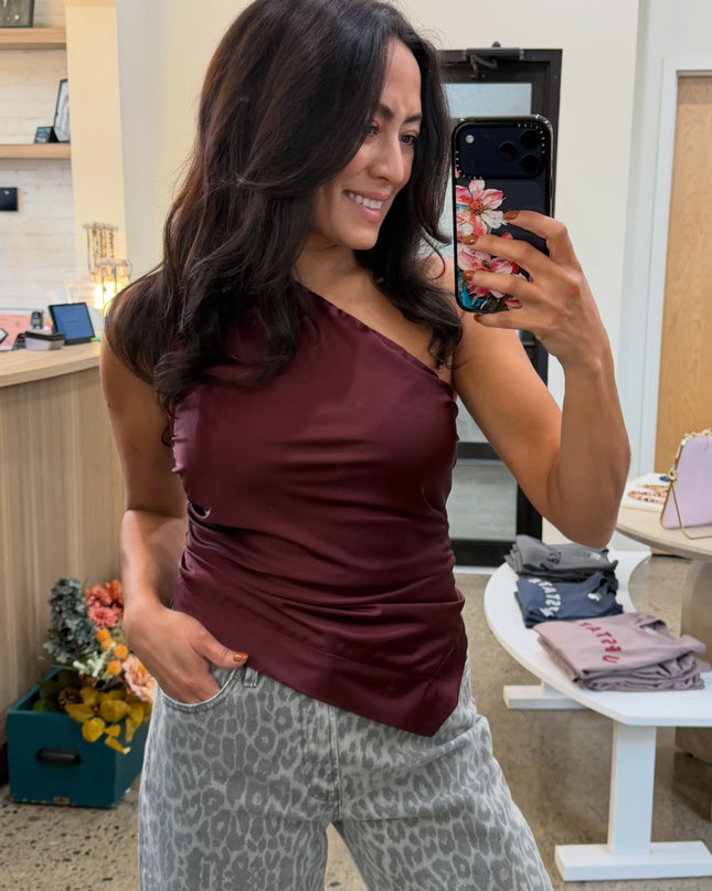 Wine Satin One Shoulder Asymmetrical Top
