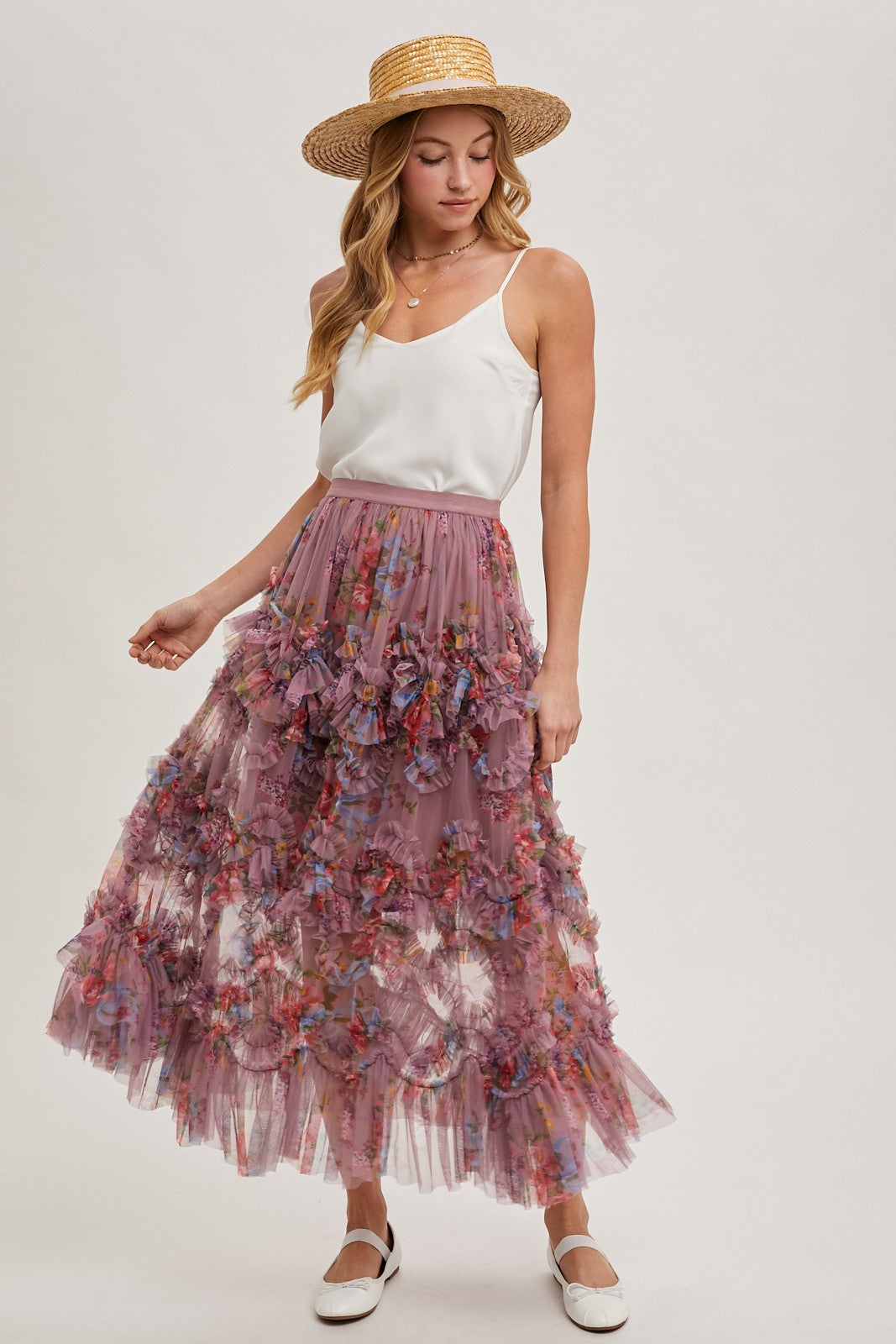 Mauve Floral Ruffled Mesh Midi Skirt