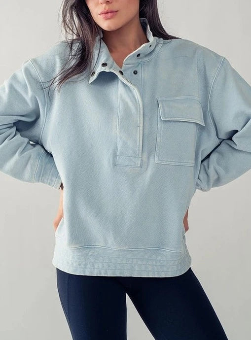 Mineral Washed Snap Button Mock Neck Sweatshirt