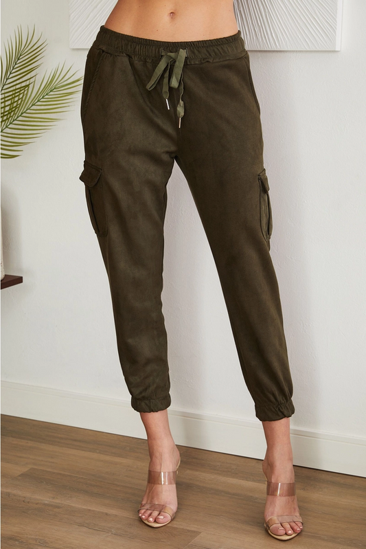 Olive Suede Cargo Joggers