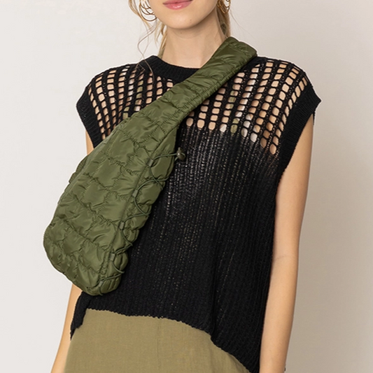 Olive Quilted Puffer Sling Bag