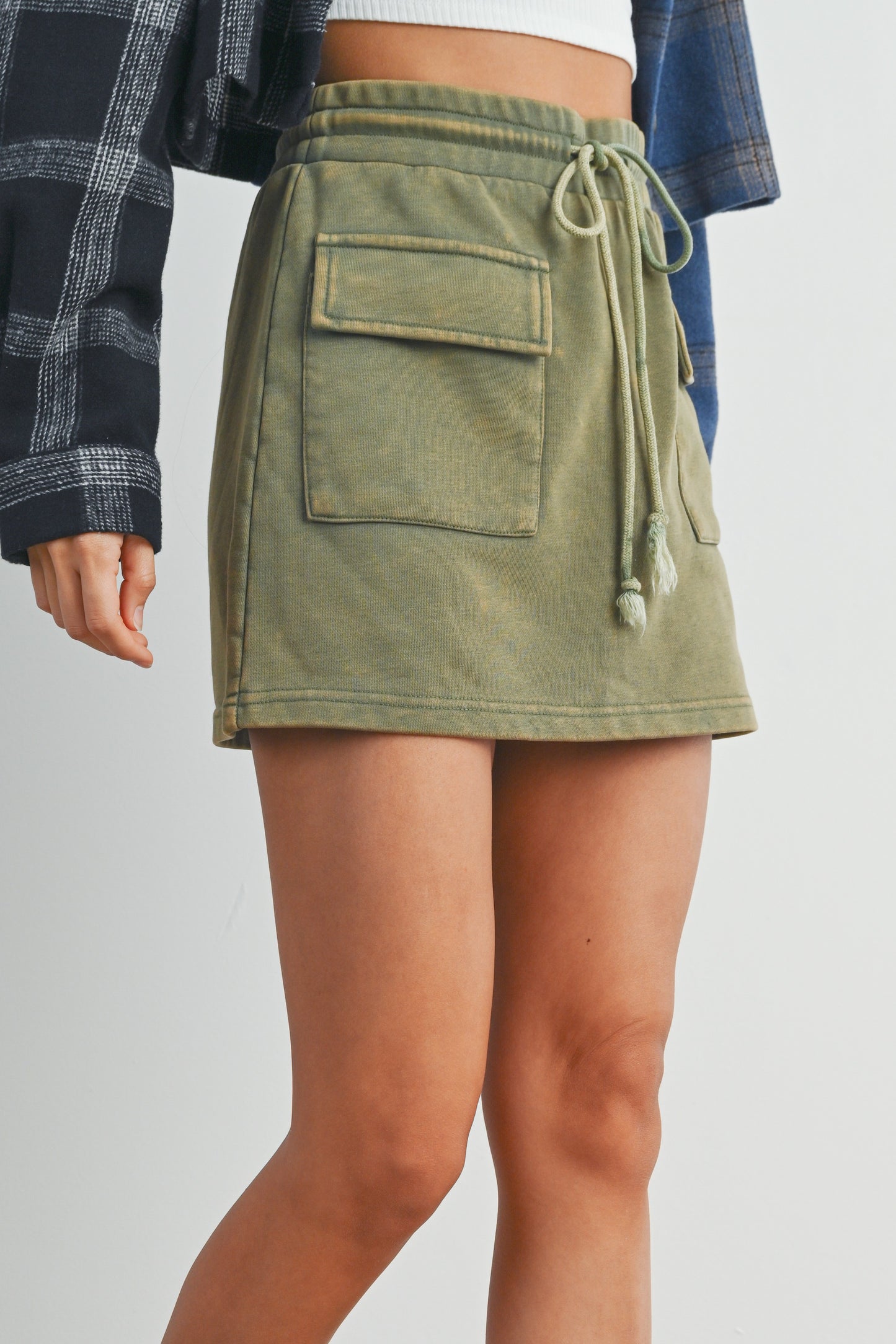 Olive Washed French Terry Front Pocket Skirt