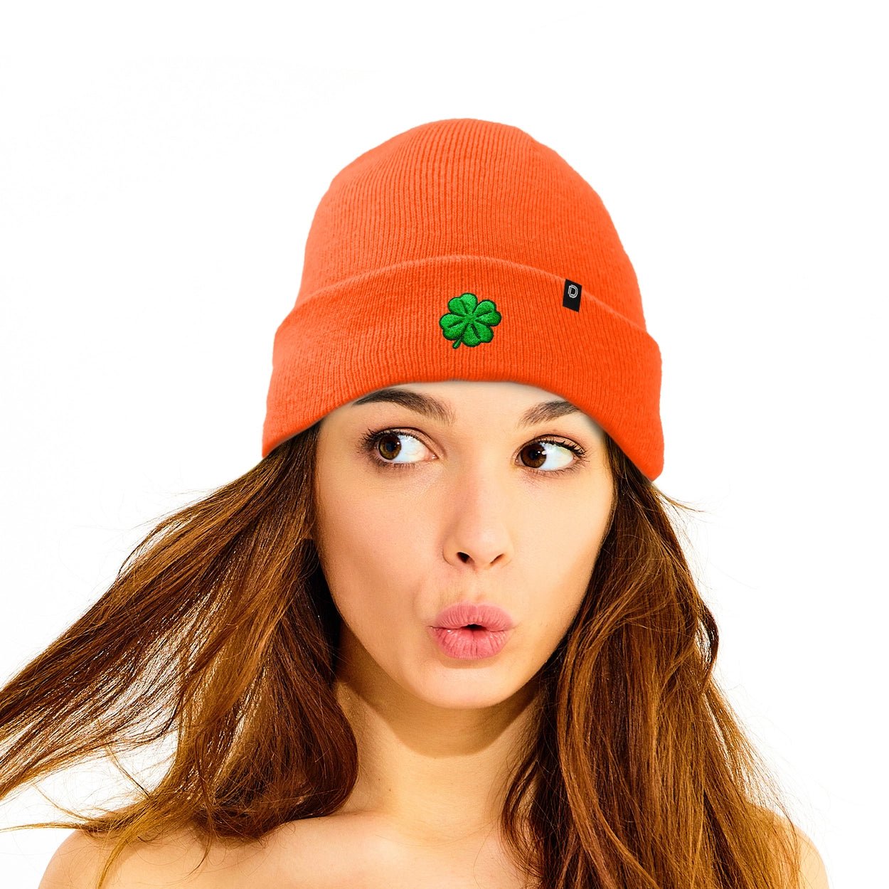 Neon Orange Clover Beanie Hat
