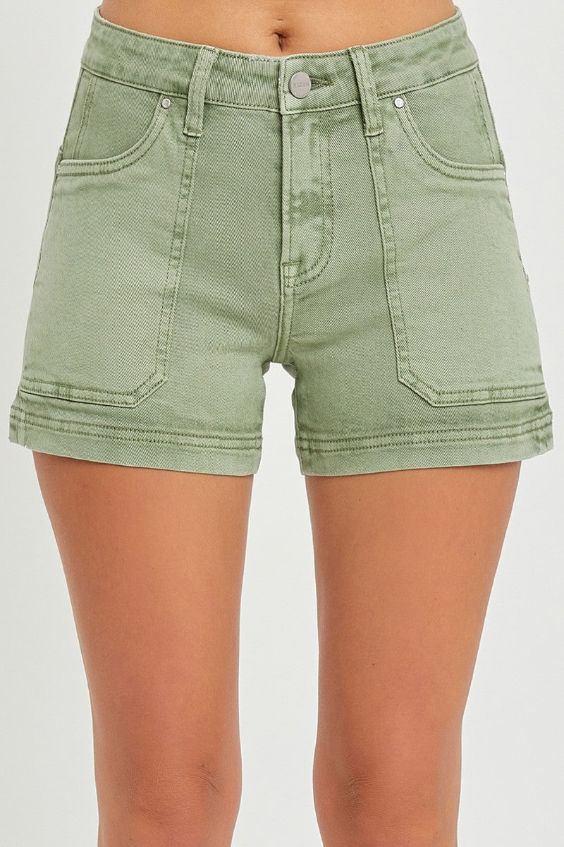 Risen Mid Rise Patch Pocket Olive Shorts