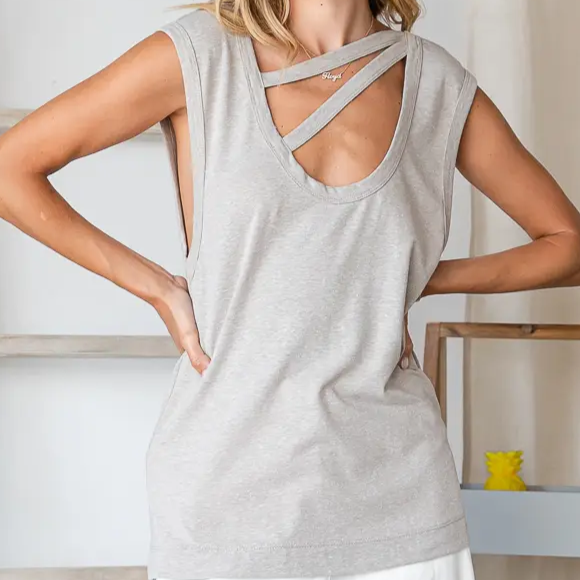 Taupe Cross Strap Solid Tank Top